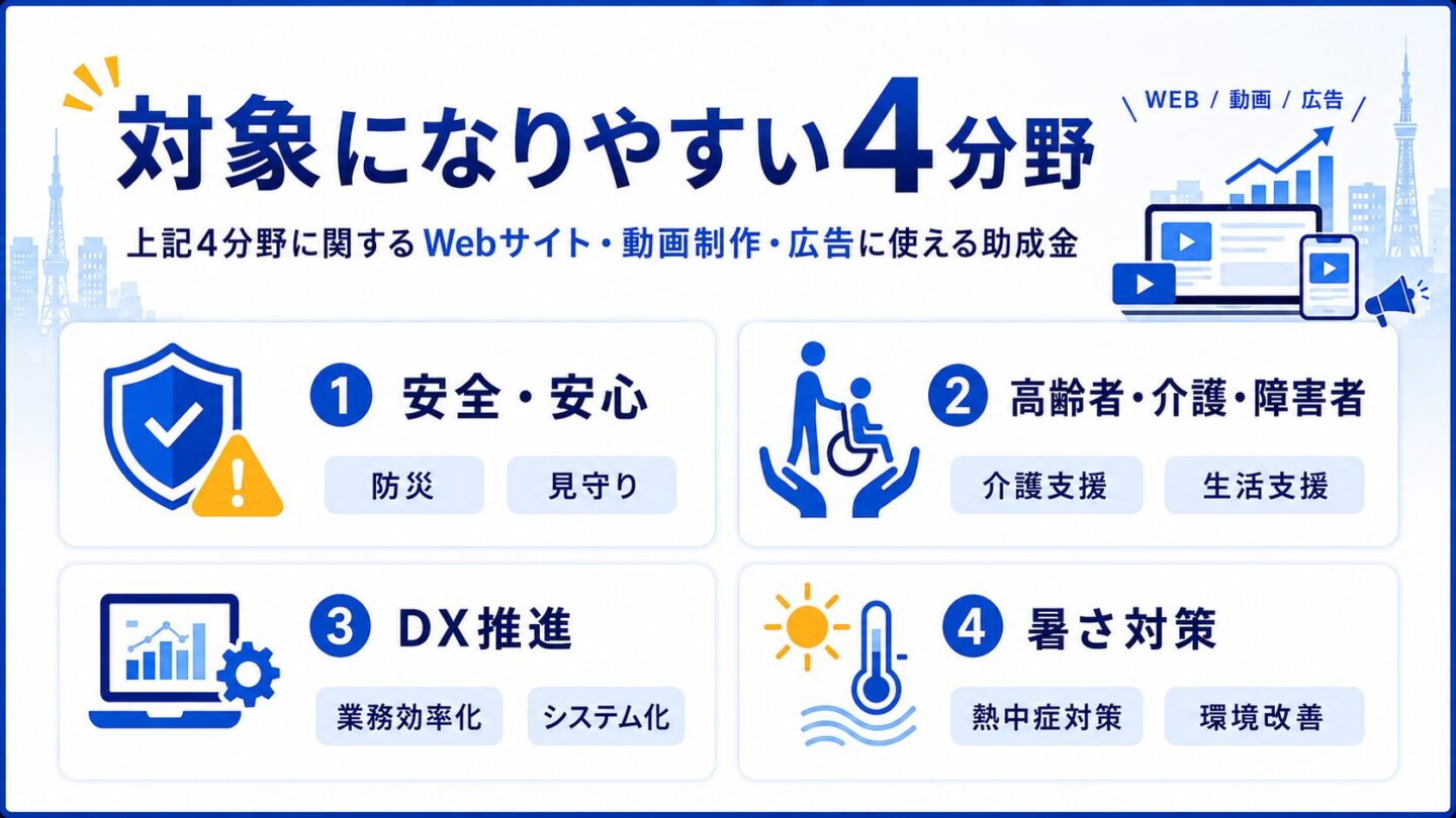 課題解決販路の対象となる安全・安心、高齢者・介護・障害者、DX推進、暑さ対策の4分野