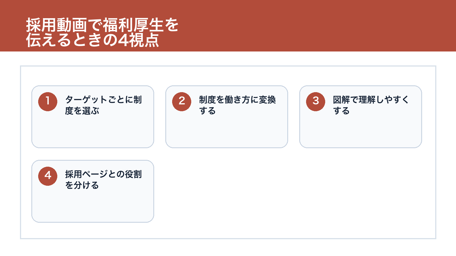 採用向け会社紹介動画で福利厚生を伝えるときに整理したい視点をまとめた説明画像